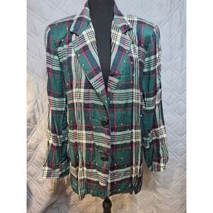 Other Destination Vintage Plaid Rhinestone Blazer Green Red Rayon Jacket S